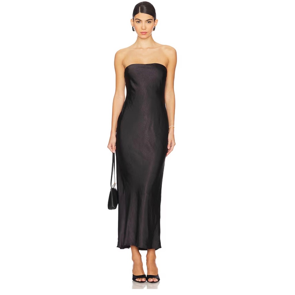 More To Come Emma Strapless‎ Maxi Dress Black Strapless Satin Evening Gown